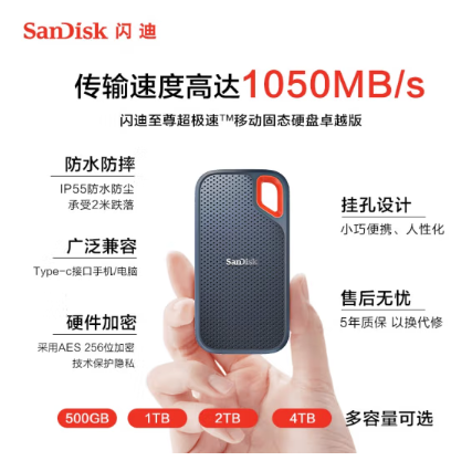 闪迪（SanDisk）2TB Nvme 移动固态硬盘（PSSD）E61至尊极速卓越版 ssd 传输速度1050MB/s IP55等级三防保护